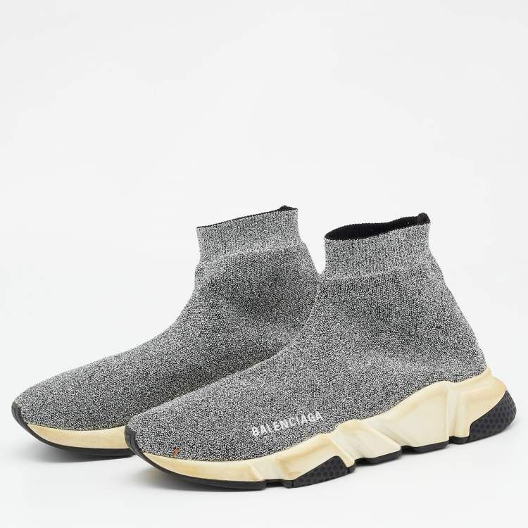 Pre Owned Balenciaga Silver Knit Fabric Speed Trainer Slip On Sneakers Size 40