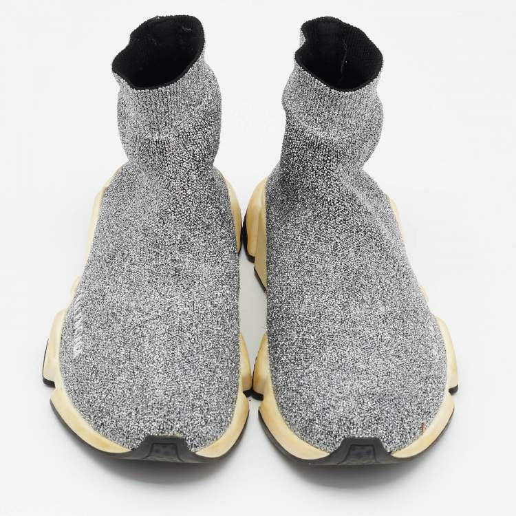 Pre Owned Balenciaga Silver Knit Fabric Speed Trainer Slip On Sneakers Size 40