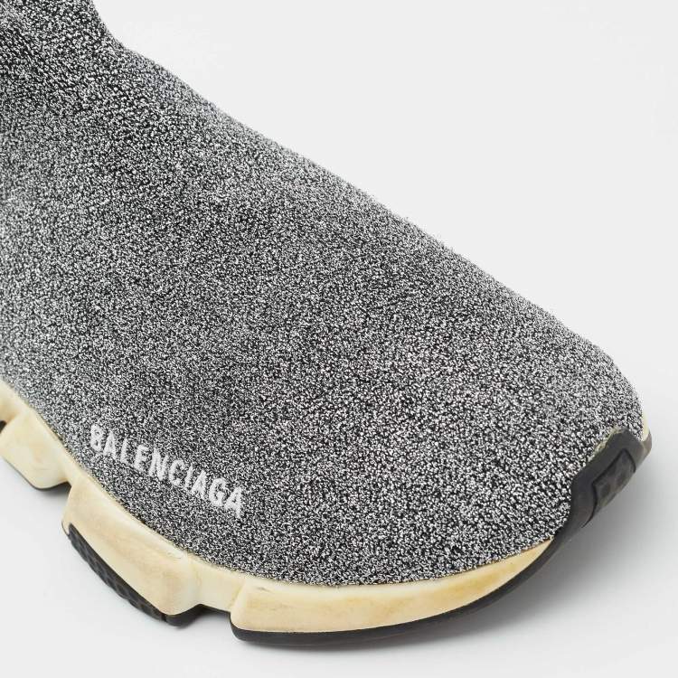 Pre Owned Balenciaga Silver Knit Fabric Speed Trainer Slip On Sneakers Size 40