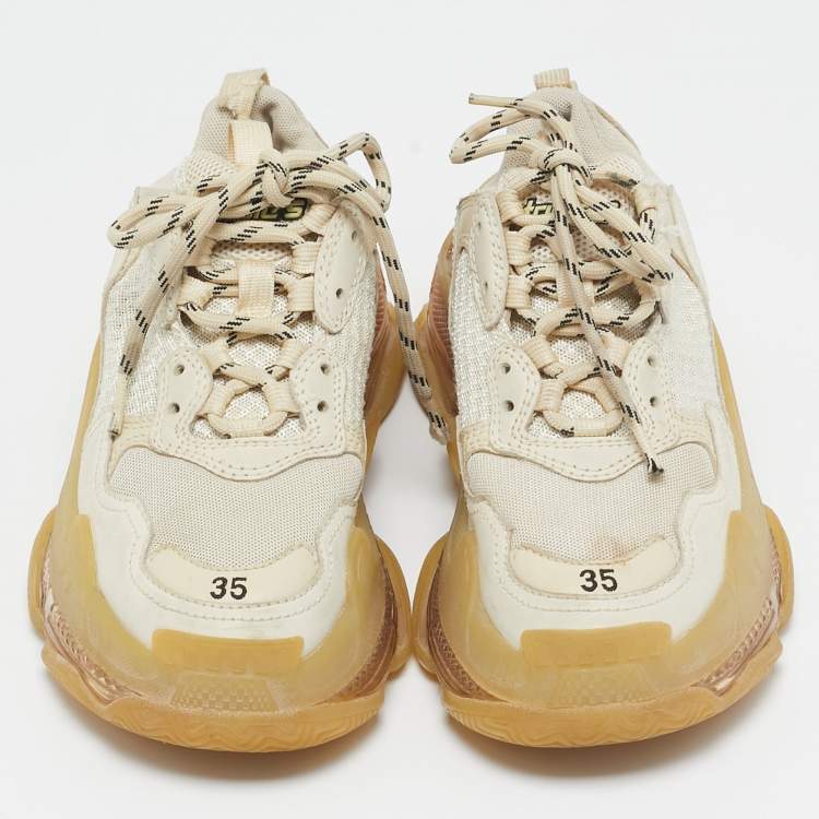 Pre Owned Balenciaga Cream Leather and Mesh Triple S Clear Sneakers Size 35