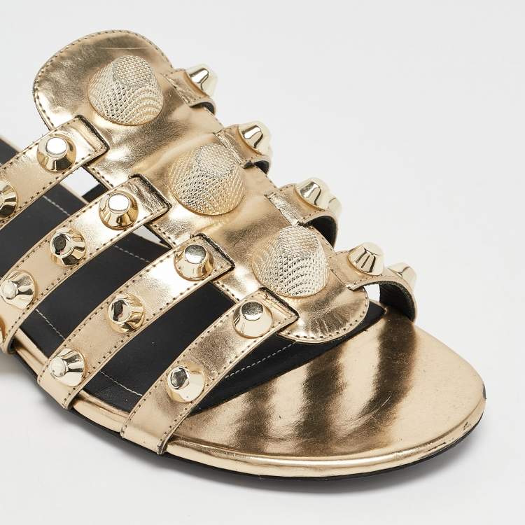 Pre Owned Balenciaga Gold Leather Arena Studded Strappy Flat Slides Size 39