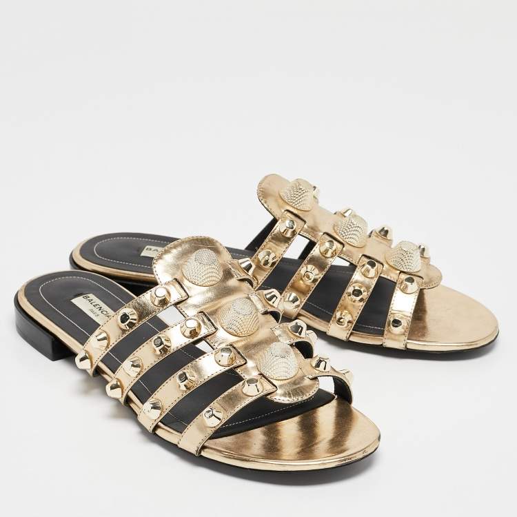 Pre Owned Balenciaga Gold Leather Arena Studded Strappy Flat Slides Size 39