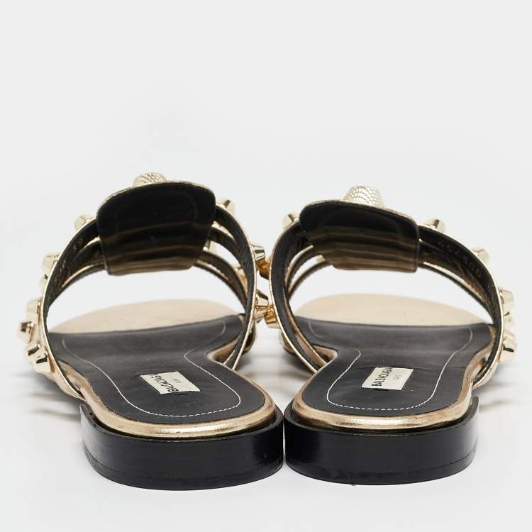 Pre Owned Balenciaga Gold Leather Arena Studded Strappy Flat Slides Size 39