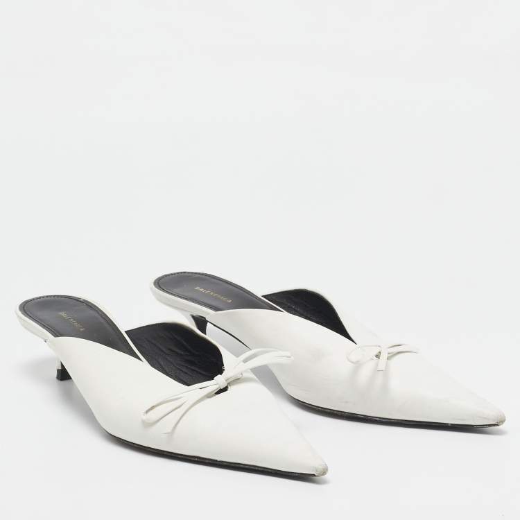 Pre Owned Balenciaga White Leather Knife Bow Mules Size 38.5