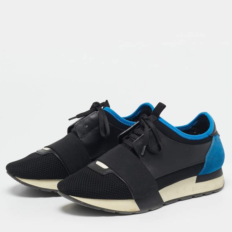 Pre Owned Balenciaga Blue/Black Mesh and Suede Race Runner Low Top Sneakers Size 38