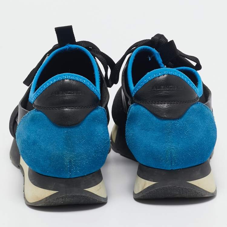 Pre Owned Balenciaga Blue/Black Mesh and Suede Race Runner Low Top Sneakers Size 38