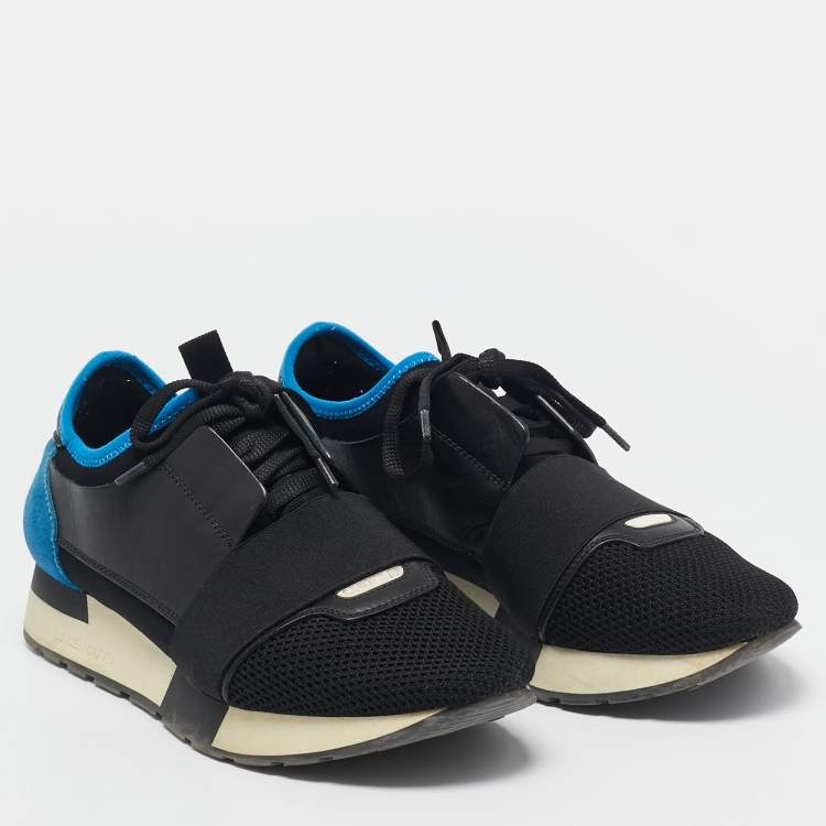 Pre Owned Balenciaga Blue/Black Mesh and Suede Race Runner Low Top Sneakers Size 38