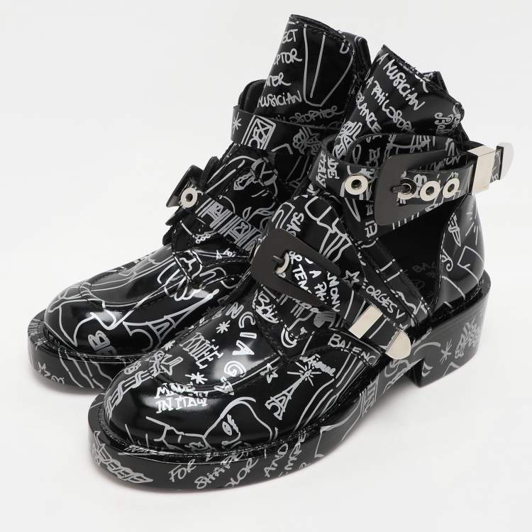 Pre Owned Balenciaga Black Patent Leather Graffiti Booties Size 38