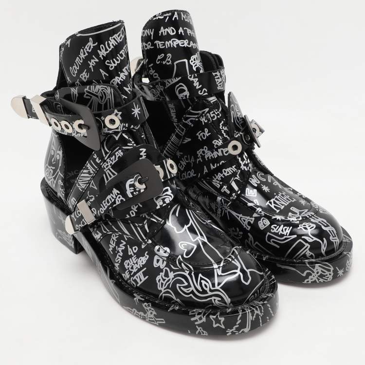 Pre Owned Balenciaga Black Patent Leather Graffiti Booties Size 38