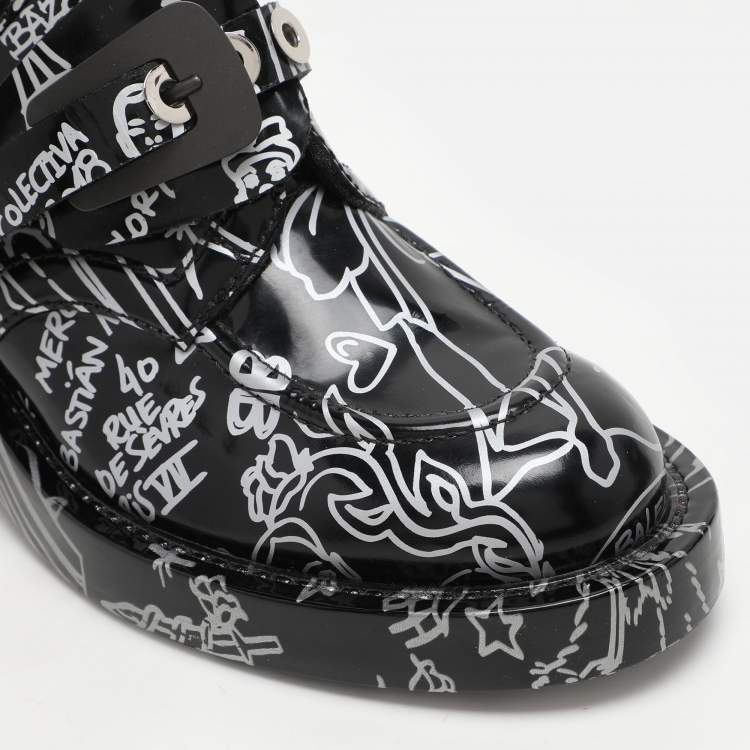 Pre Owned Balenciaga Black Patent Leather Graffiti Booties Size 38