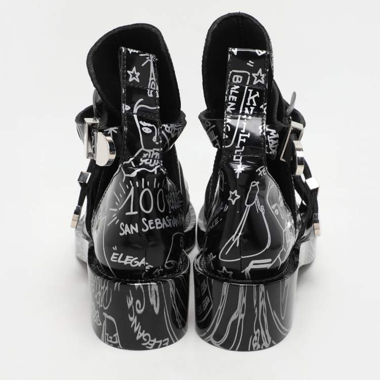 Pre Owned Balenciaga Black Patent Leather Graffiti Booties Size 38