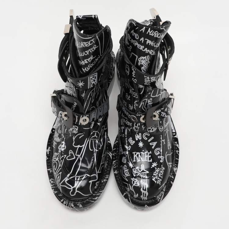 Pre Owned Balenciaga Black Patent Leather Graffiti Booties Size 38