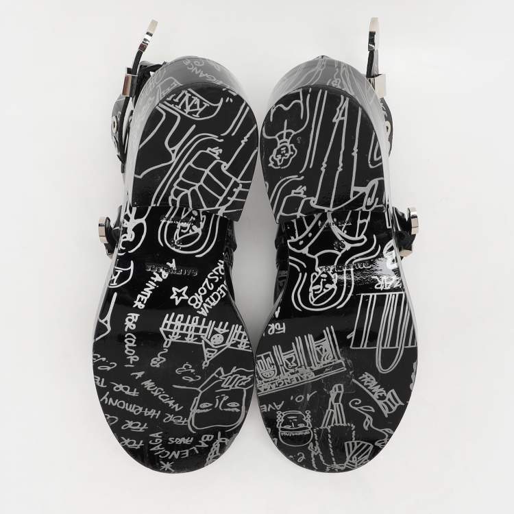 Pre Owned Balenciaga Black Patent Leather Graffiti Booties Size 38