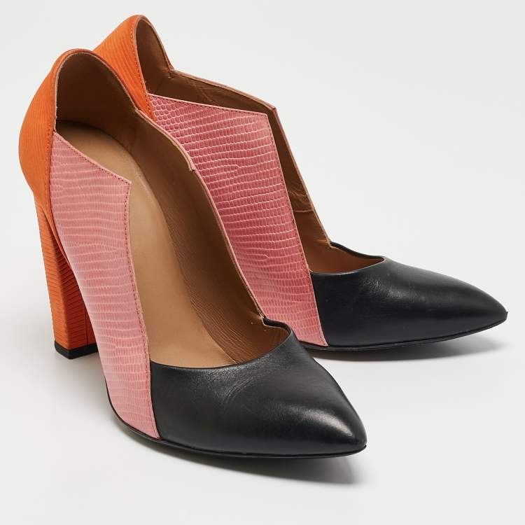 Pre Owned Balenciaga Multicolor Lizard Embossed and Leather Block Heel Pumps Size 39.5