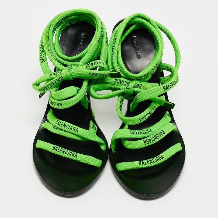 Pre Owned Balenciaga Green/Black Leather Logo Lace Ankle Wrap Sandals Size 36