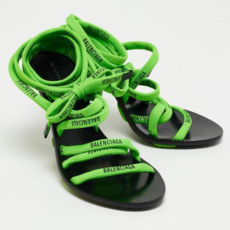 Pre Owned Balenciaga Green/Black Leather Logo Lace Ankle Wrap Sandals Size 36