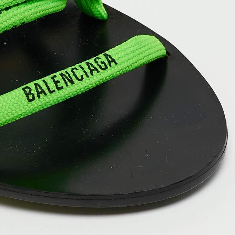 Pre Owned Balenciaga Green/Black Leather Logo Lace Ankle Wrap Sandals Size 36