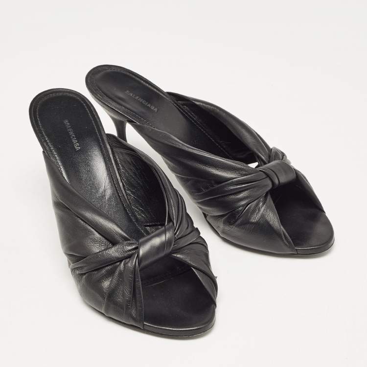 Pre Owned Balenciaga Black Leather Drapy Mules Size 37.5