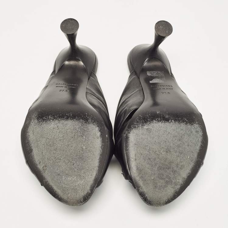 Pre Owned Balenciaga Black Leather Drapy Mules Size 37.5