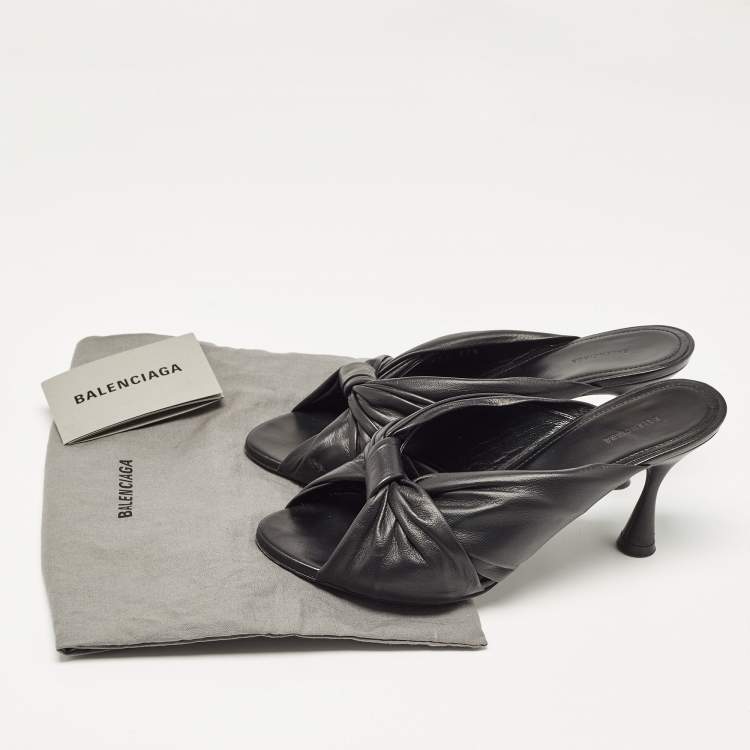 Pre Owned Balenciaga Black Leather Drapy Mules Size 37.5