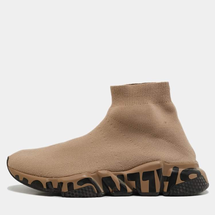 Pre Owned Balenciaga Beige Knit Fabric Graffiti Speed Trainer Sneakers Size 38