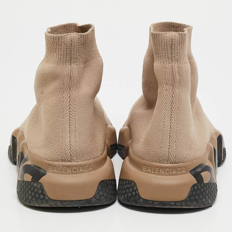 Pre Owned Balenciaga Beige Knit Fabric Graffiti Speed Trainer Sneakers Size 38