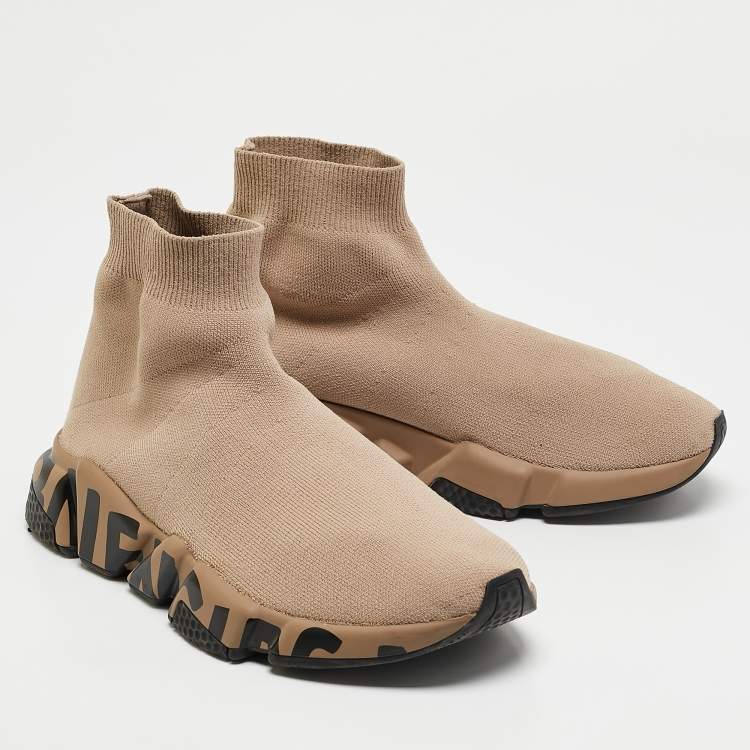 Pre Owned Balenciaga Beige Knit Fabric Graffiti Speed Trainer Sneakers Size 38