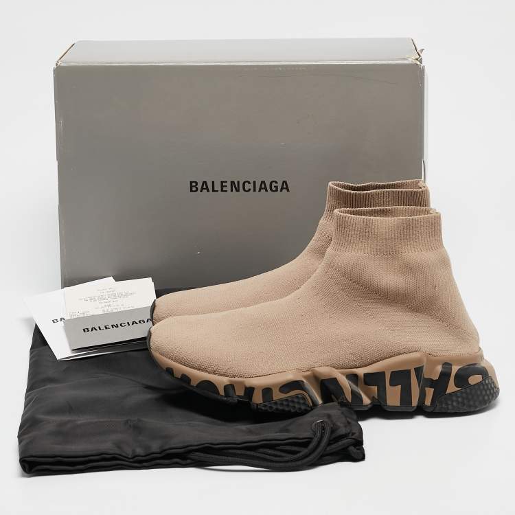 Pre Owned Balenciaga Beige Knit Fabric Graffiti Speed Trainer Sneakers Size 38