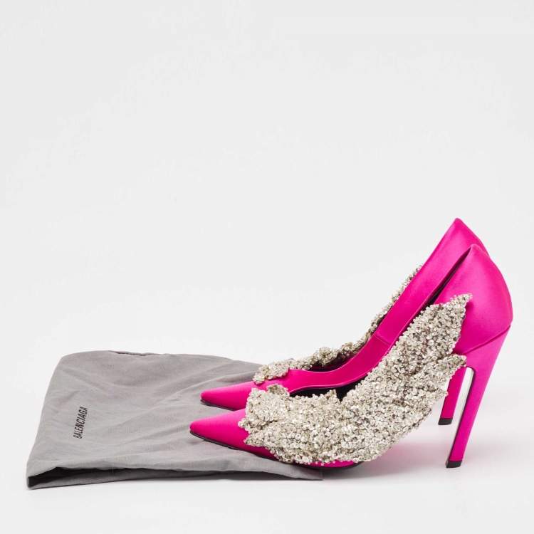 Pre Owned Balenciaga Pink Satin Crystal Embellished Pumps Size 38