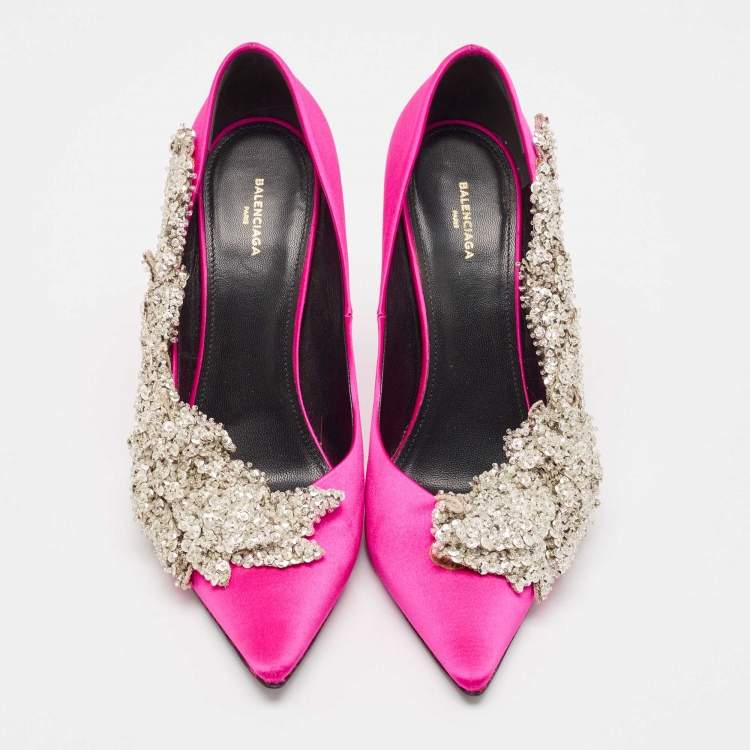 Pre Owned Balenciaga Pink Satin Crystal Embellished Pumps Size 38