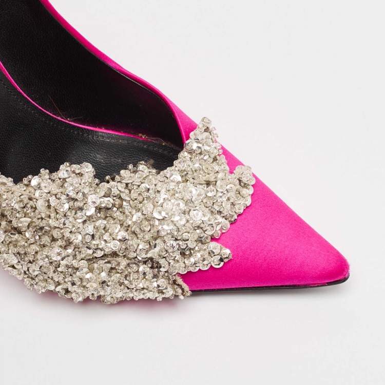 Pre Owned Balenciaga Pink Satin Crystal Embellished Pumps Size 38