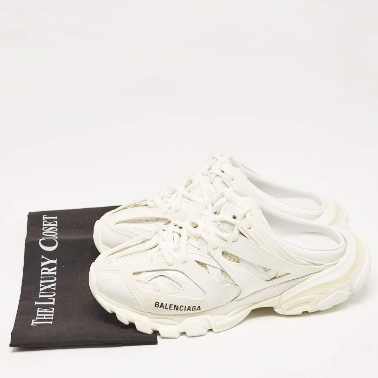 مملوكة مسبقًا Balenciaga White Mesh and Faux Leather Track Mule Sneakers Size 39