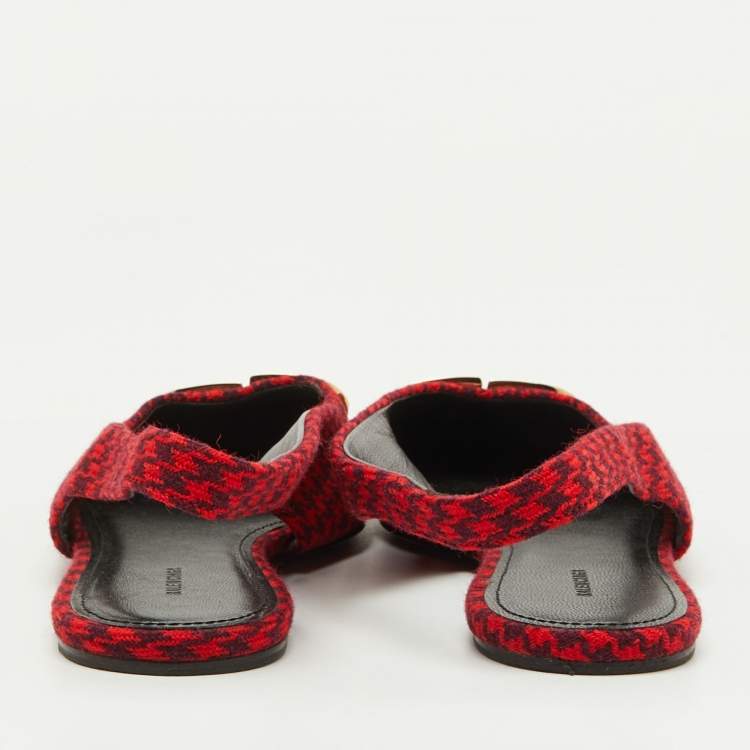 Pre Owned Balenciaga Red Houndstooth Tweed Knife BB Knife Pointy Toe Slingback Flats Size 39.5