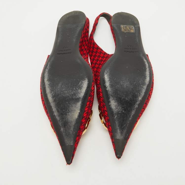 Pre Owned Balenciaga Red Houndstooth Tweed Knife BB Knife Pointy Toe Slingback Flats Size 39.5