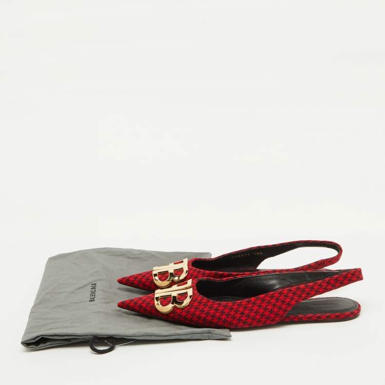 Pre Owned Balenciaga Red Houndstooth Tweed Knife BB Knife Pointy Toe Slingback Flats Size 39.5