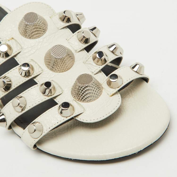 Pre Owned Balenciaga White Leather Studded Arena Flat Slide Sandals Size 38