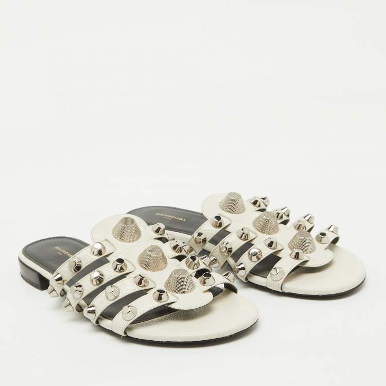 Pre Owned Balenciaga White Leather Studded Arena Flat Slide Sandals Size 38