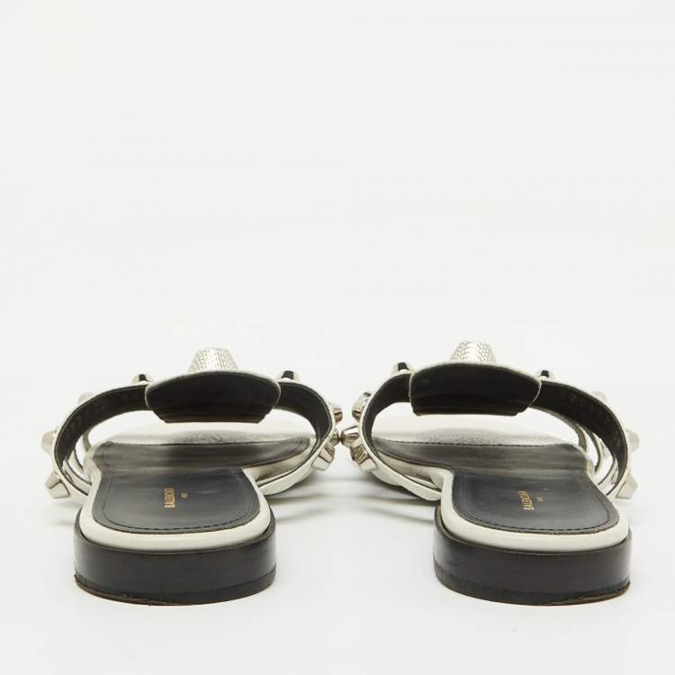 Pre Owned Balenciaga White Leather Studded Arena Flat Slide Sandals Size 38