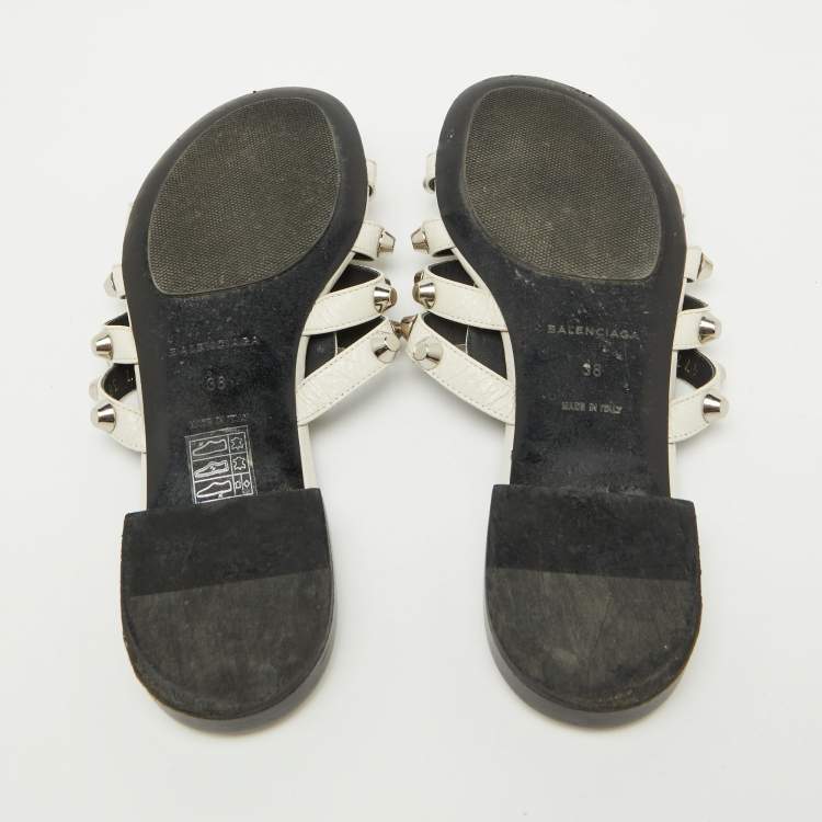 Pre Owned Balenciaga White Leather Studded Arena Flat Slide Sandals Size 38