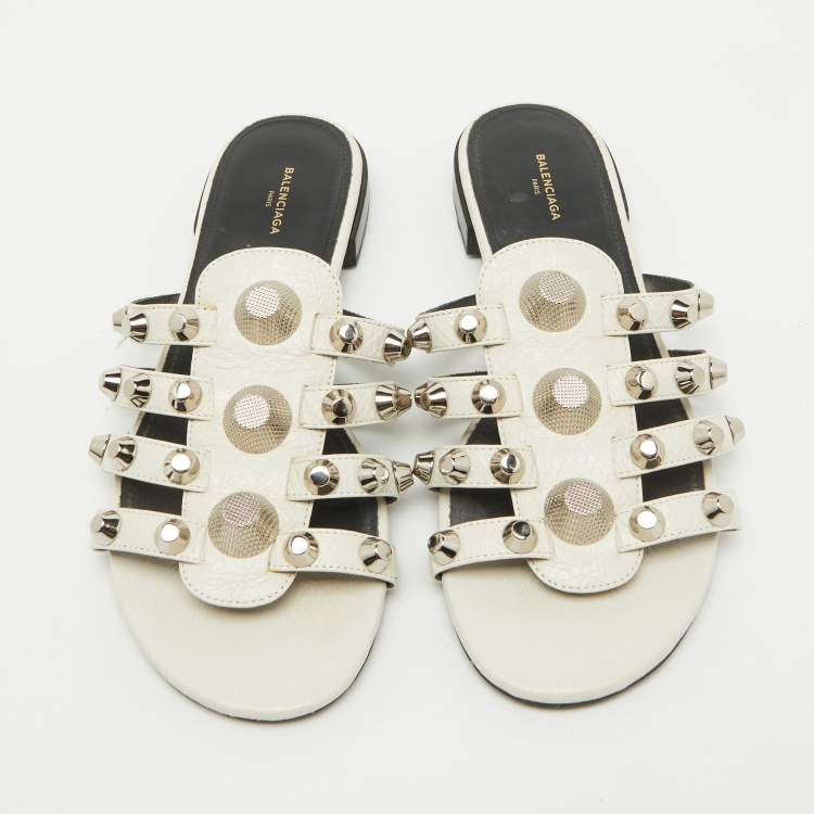 Pre Owned Balenciaga White Leather Studded Arena Flat Slide Sandals Size 38