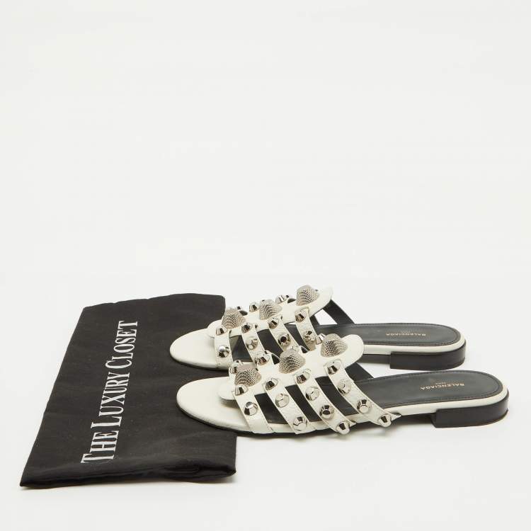 Pre Owned Balenciaga White Leather Studded Arena Flat Slide Sandals Size 38