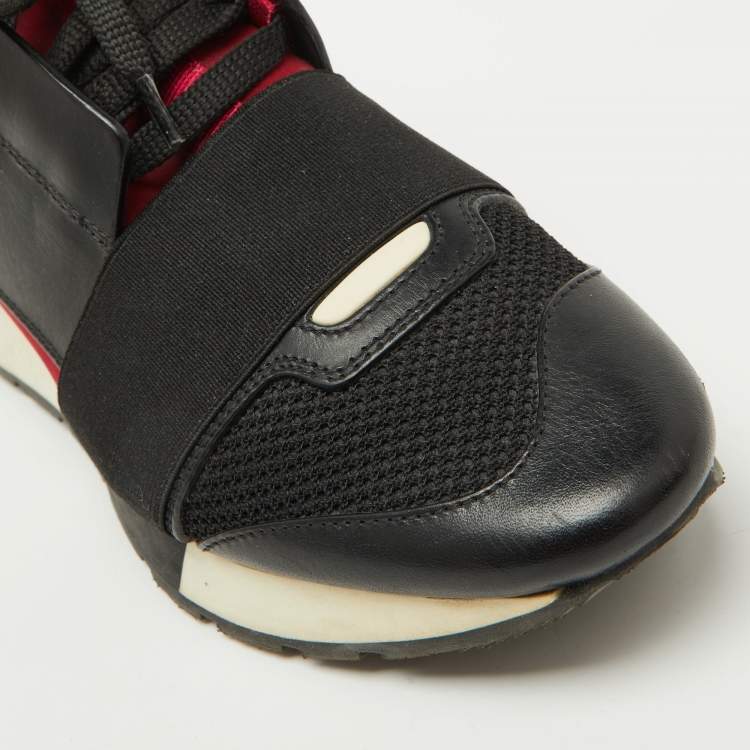 Pre Owned Balenciaga Black/Burgundy Leather and Mesh Race Runner Sneakers Size 37