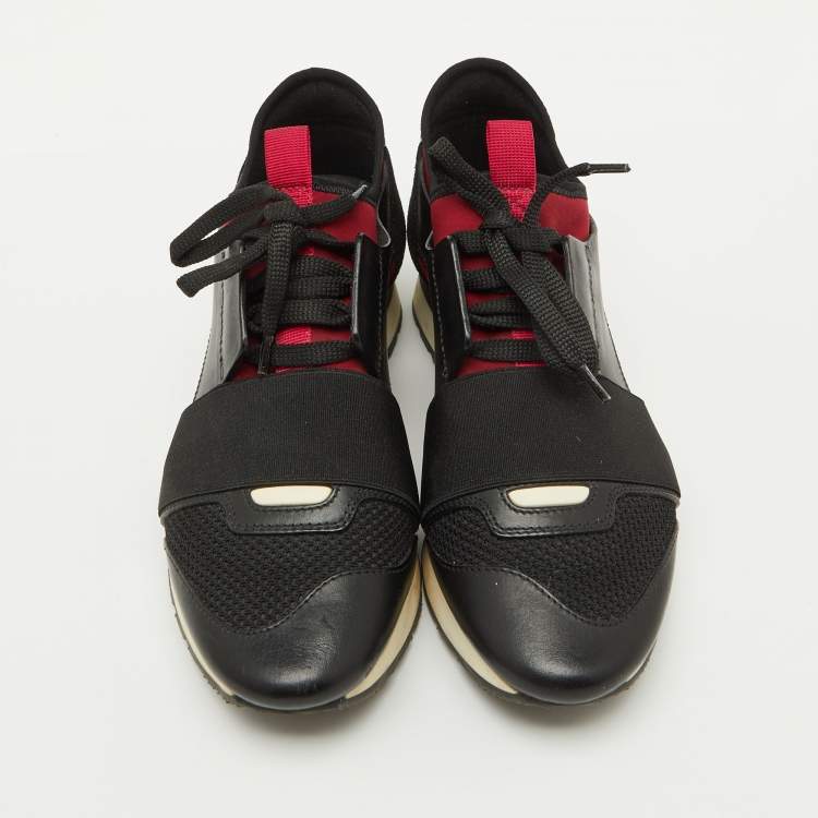 Pre Owned Balenciaga Black/Burgundy Leather and Mesh Race Runner Sneakers Size 37
