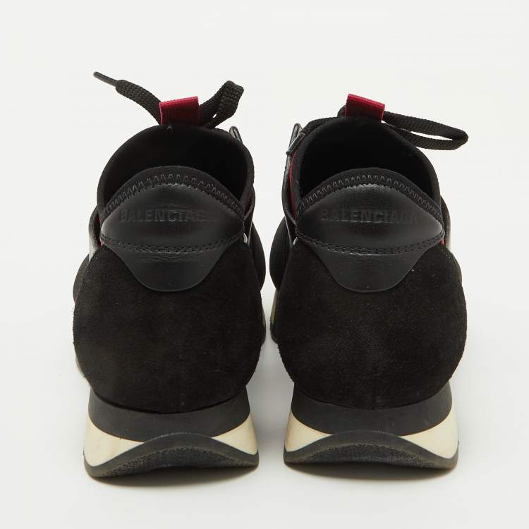 Pre Owned Balenciaga Black/Burgundy Leather and Mesh Race Runner Sneakers Size 37