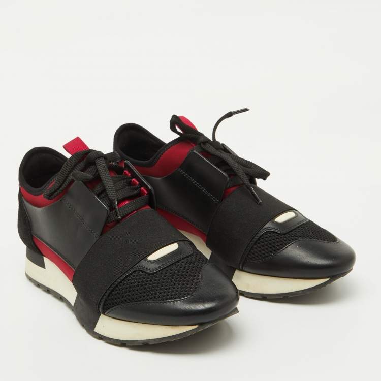 Pre Owned Balenciaga Black/Burgundy Leather and Mesh Race Runner Sneakers Size 37