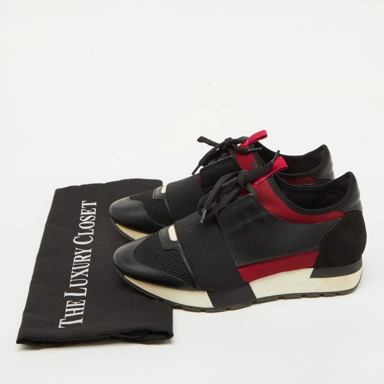 Pre Owned Balenciaga Black/Burgundy Leather and Mesh Race Runner Sneakers Size 37