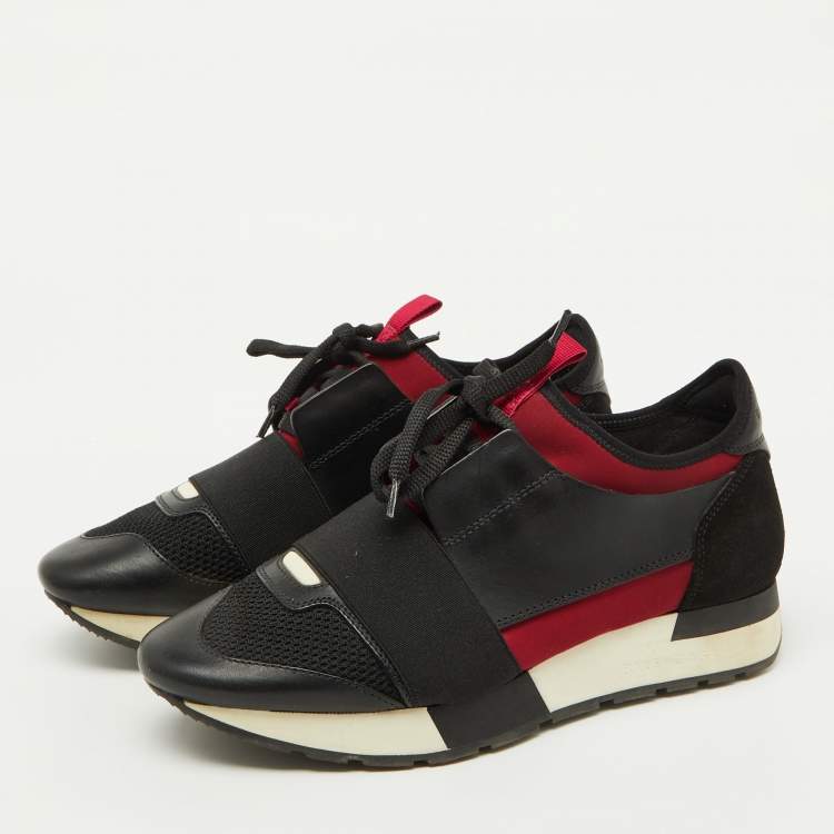 Pre Owned Balenciaga Black/Burgundy Leather and Mesh Race Runner Sneakers Size 37