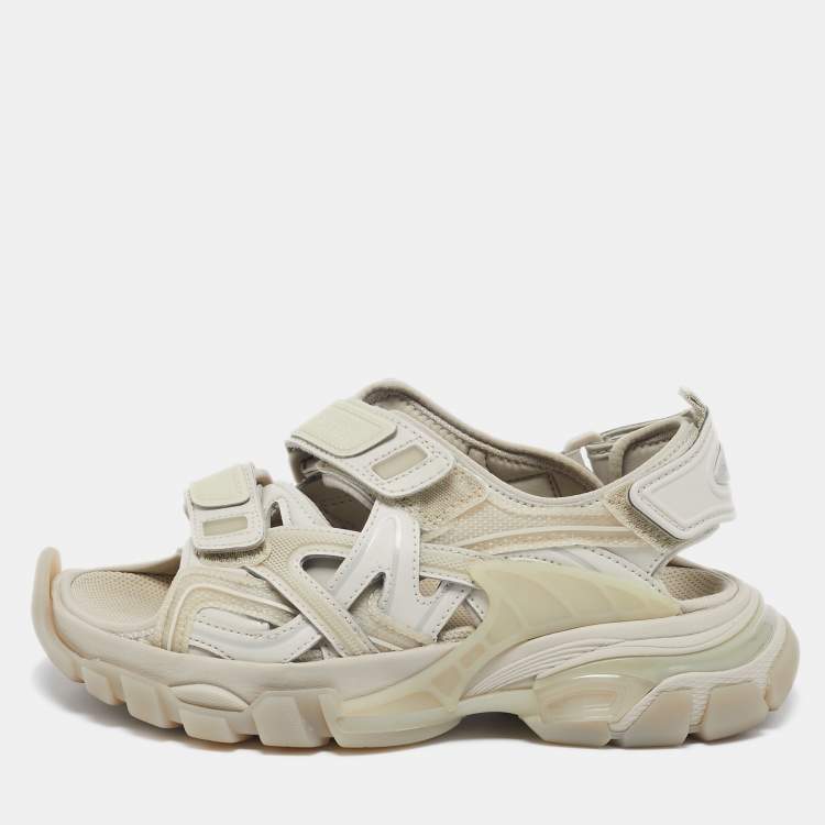 Pre Owned Balenciaga Grey Faux Leather and Rubber Track Flat Sandals Size 35
