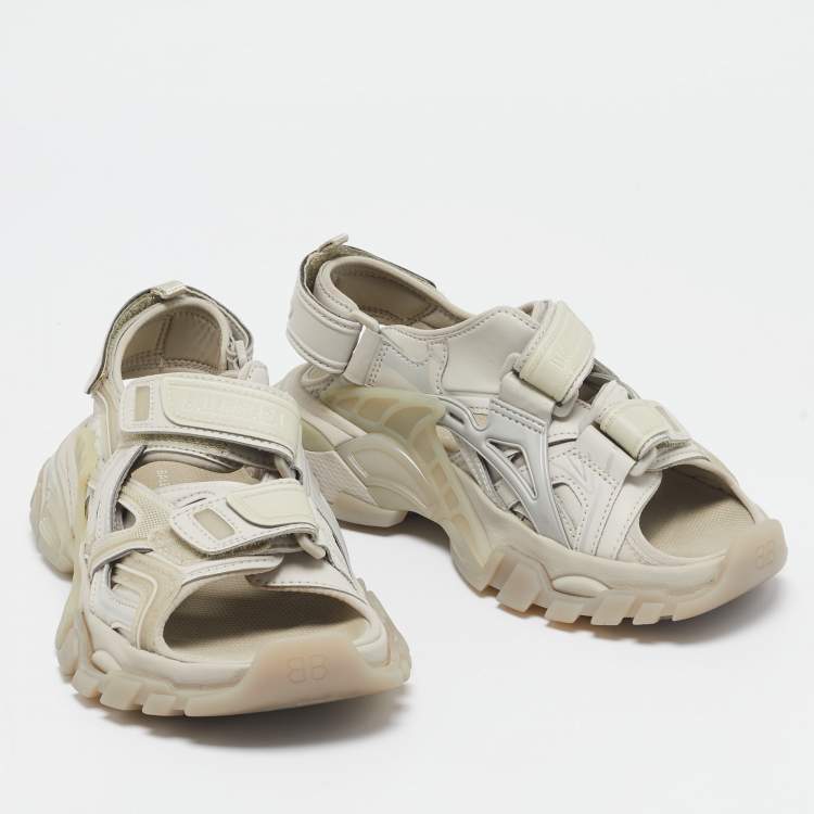 Pre Owned Balenciaga Grey Faux Leather and Rubber Track Flat Sandals Size 35
