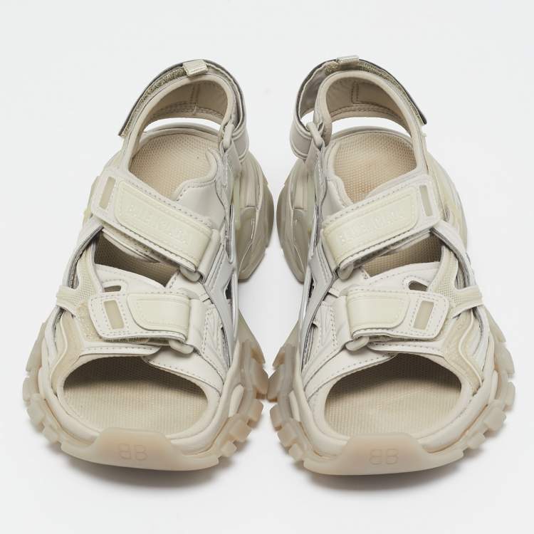 Pre Owned Balenciaga Grey Faux Leather and Rubber Track Flat Sandals Size 35